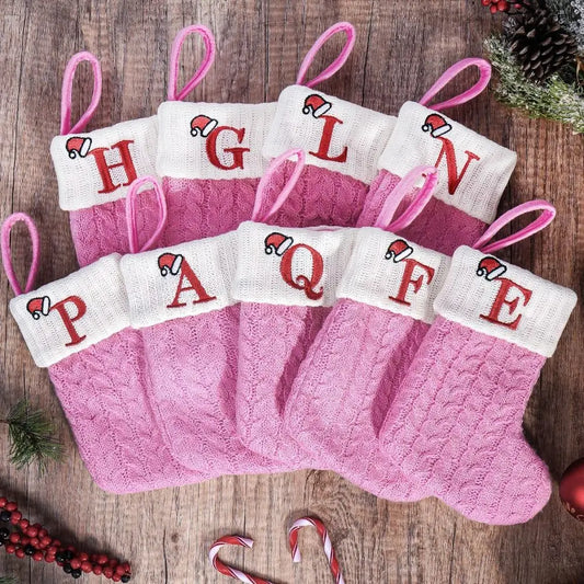 Socks de Natal em Tricô com Letras, Cor de Rosa, Espessura Aumentada, Sacos de Presentes Exquisitos, Grande Capacidade, Meias de Tricô para Festival