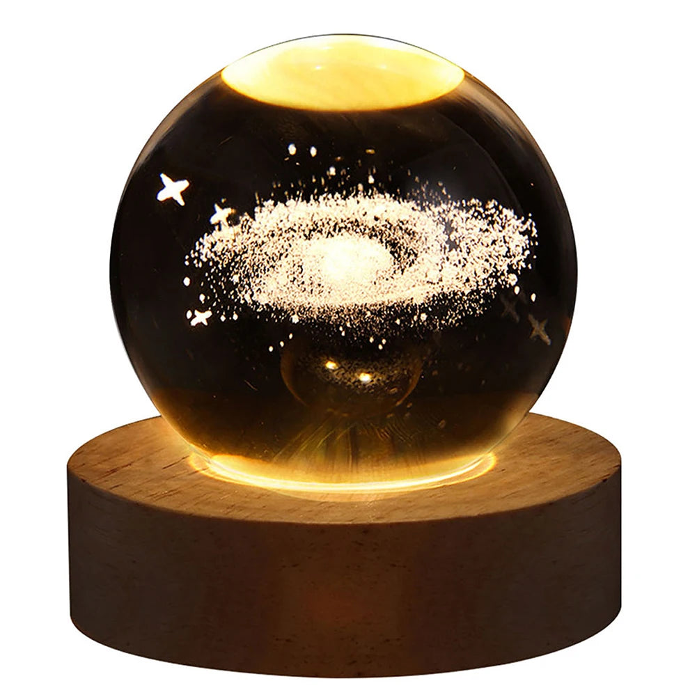 Luminária Esférica de Cristal 3D com Projeções da Galáxia e Planetas, Luz Noturna USB para você