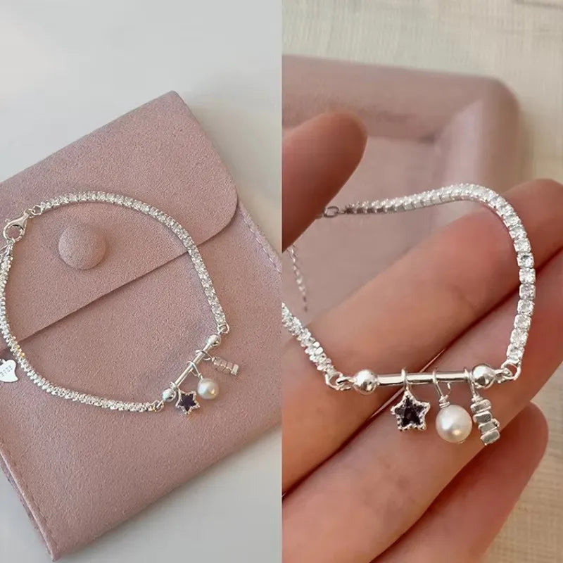 Esterlina Bracelete de Zircônia Coração Amor para Mulheres, Laço Estrelas, Corrente de Osso de Cobra, Joias de Presente
