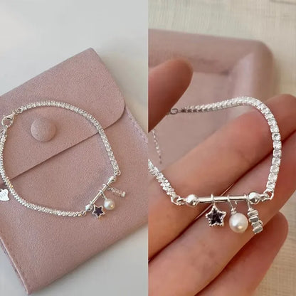 Esterlina Bracelete de Zircônia Coração Amor para Mulheres, Laço Estrelas, Corrente de Osso de Cobra, Joias de Presente