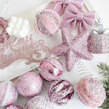 Série Rosa de Enfeites de Natal: Estrelas, Correntes de Contas, Bolas de Espuma, Placas de Nome, Laços, Cogumelos, Pingentes para Árvore de Natal, Decoração Romântica para Casa.