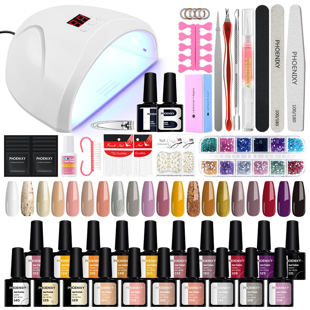 Kit de Unhas Phoenixy Profissional - Conjunto com 20/8 Cores de Gel Polish para Unhas com Lâmpada Secadora de Unhas de 36W e Ferramentas de Design de Unhas - Kit de Unhas Semi-permanente