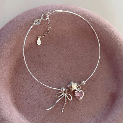 Esterlina Bracelete de Zircônia Coração Amor para Mulheres, Laço Estrelas, Corrente de Osso de Cobra, Joias de Presente