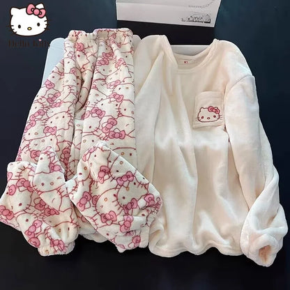 Pijamas Quentes de Cartoon Sanrio Hello Kitty Japonês para Mulheres, Flanela de Inverno, Nova Linha Plus, Aveludada e Espessa, Doce e Aconchegante para Manter o Calor