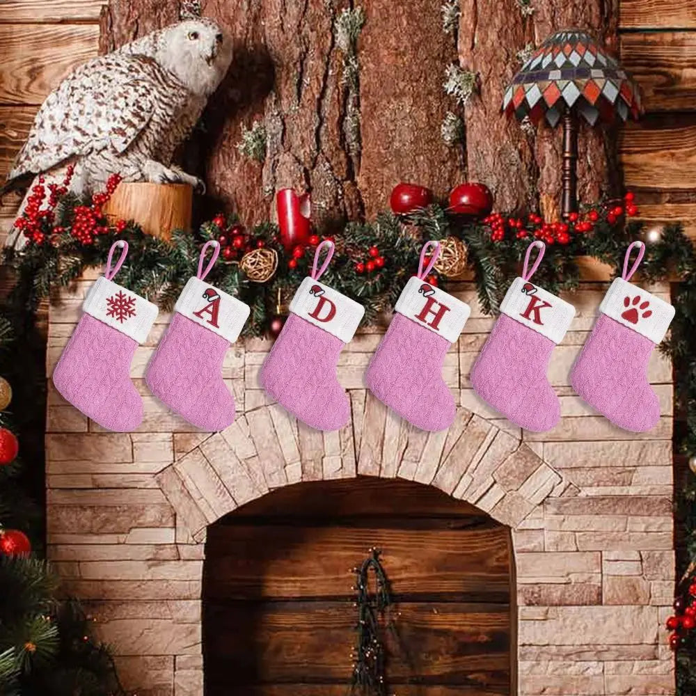 Socks de Natal em Tricô com Letras, Cor de Rosa, Espessura Aumentada, Sacos de Presentes Exquisitos, Grande Capacidade, Meias de Tricô para Festival