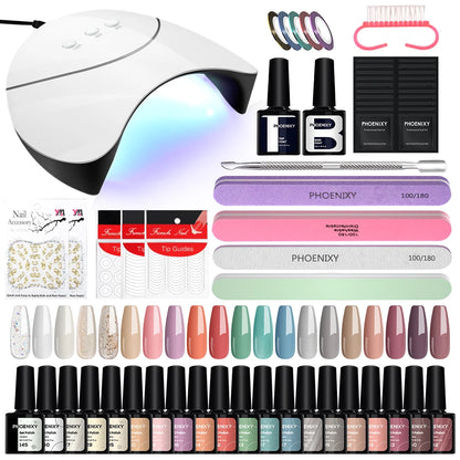 Kit de Unhas Phoenixy Profissional - Conjunto com 20/8 Cores de Gel Polish para Unhas com Lâmpada Secadora de Unhas de 36W e Ferramentas de Design de Unhas - Kit de Unhas Semi-permanente