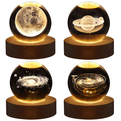 Luminária Esférica de Cristal 3D com Projeções da Galáxia e Planetas, Luz Noturna USB para você