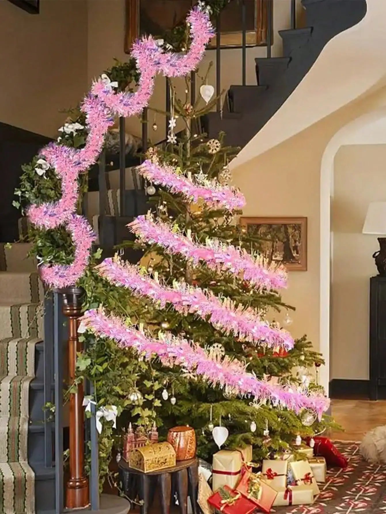 Guirlanda de Natal rosa, guirlanda de envolvimento de papel alumínio, guirlanda de glitter, decoração de árvore de Natal, casamento e festa