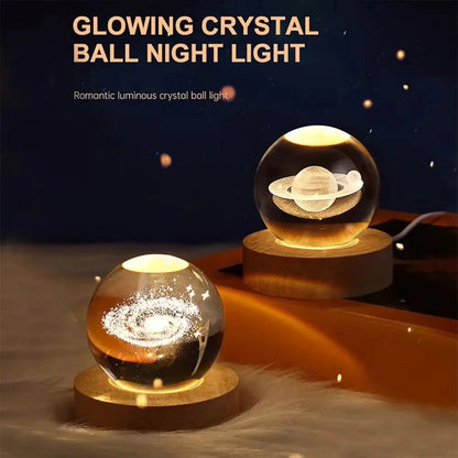Luminária Esférica de Cristal 3D com Projeções da Galáxia e Planetas, Luz Noturna USB para você