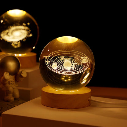 Luminária Esférica de Cristal 3D com Projeções da Galáxia e Planetas, Luz Noturna USB para você