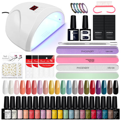 Kit de Unhas Phoenixy Profissional - Conjunto com 20/8 Cores de Gel Polish para Unhas com Lâmpada Secadora de Unhas de 36W e Ferramentas de Design de Unhas - Kit de Unhas Semi-permanente
