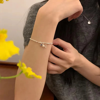 Esterlina Bracelete de Zircônia Coração Amor para Mulheres, Laço Estrelas, Corrente de Osso de Cobra, Joias de Presente