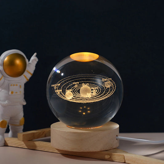 Luminária Esférica de Cristal 3D com Projeções da Galáxia e Planetas, Luz Noturna USB para você