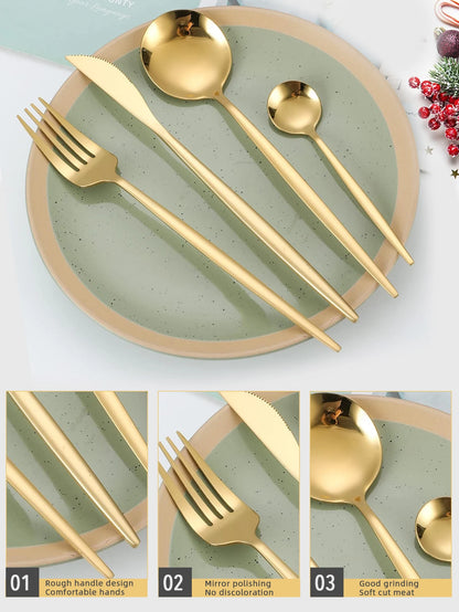 Conjunto de Talheres 24 Peças em Aço Inoxidável Dourado - Faca, Garfo e Colher para Jantar, Sobremesa e Chá - Jogo de Talheres Elegante para Refeições.