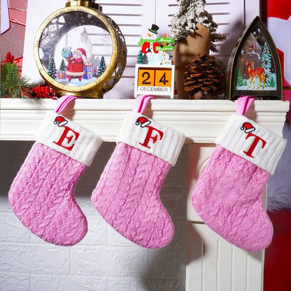 Socks de Natal em Tricô com Letras, Cor de Rosa, Espessura Aumentada, Sacos de Presentes Exquisitos, Grande Capacidade, Meias de Tricô para Festival