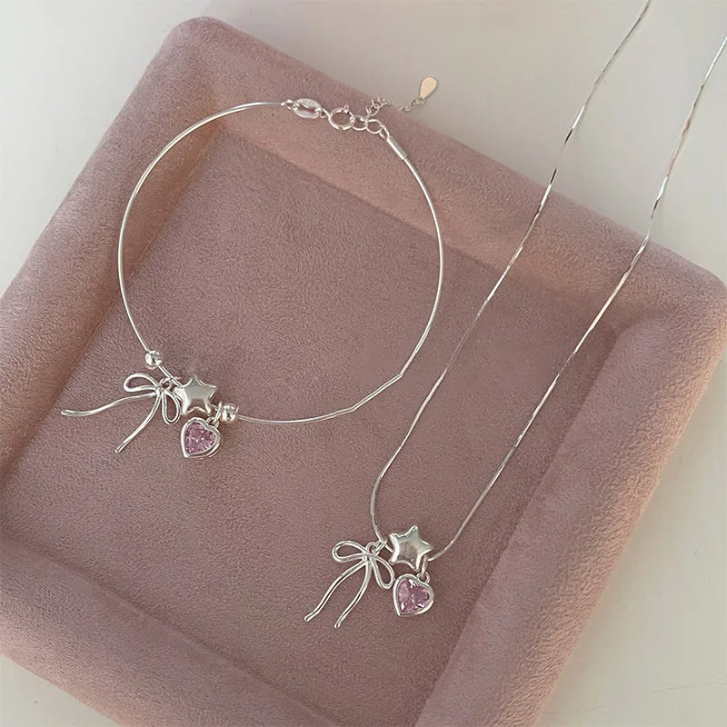 Esterlina Bracelete de Zircônia Coração Amor para Mulheres, Laço Estrelas, Corrente de Osso de Cobra, Joias de Presente
