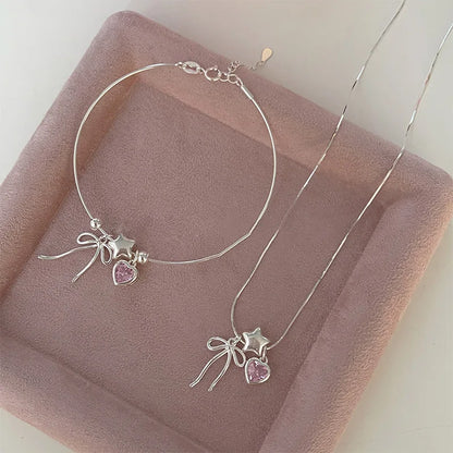Esterlina Bracelete de Zircônia Coração Amor para Mulheres, Laço Estrelas, Corrente de Osso de Cobra, Joias de Presente