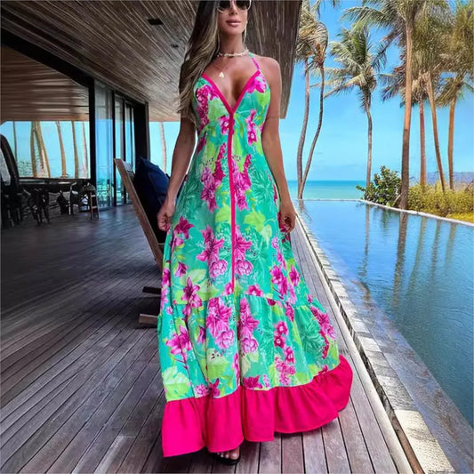 Vestido de verão elegante com estampa fashion, modelagem slim, decote V profundo e alças halter, ideal para festas e praia.