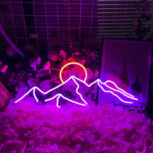 Letreiro de Neon LED Montanha e Sol, Lâmpada de Luzes Neon USB LED, Decoração de Parede para Casa, Quarto Infantil, Bar,