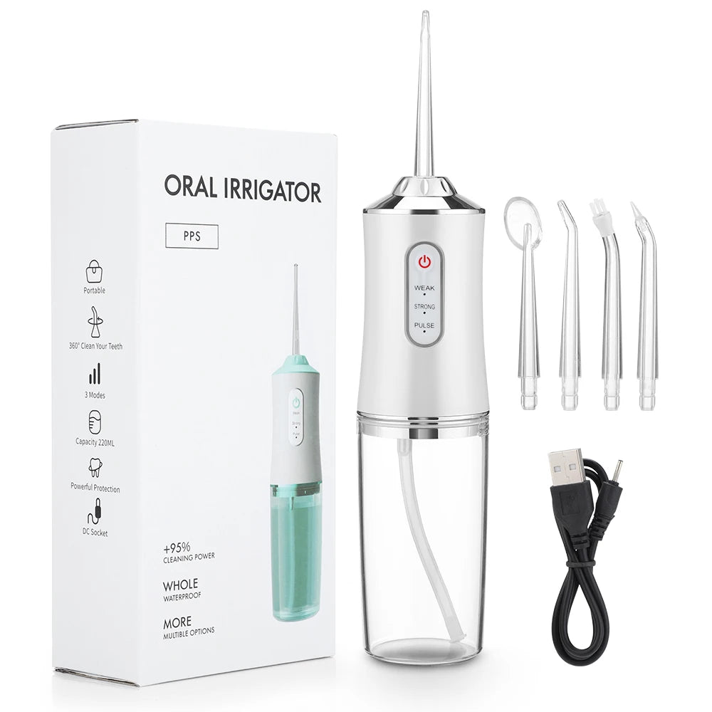 Irrigador Oral Portátil, Floss Dental com Jato de Água Recarregável por USB, 4 Pontas de Jato, 220ml, 3 Modos, IPX7, 1400rpm.