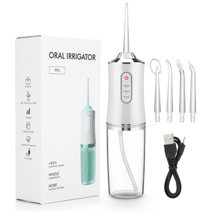 Irrigador Oral Portátil, Floss Dental com Jato de Água Recarregável por USB, 4 Pontas de Jato, 220ml, 3 Modos, IPX7, 1400rpm.