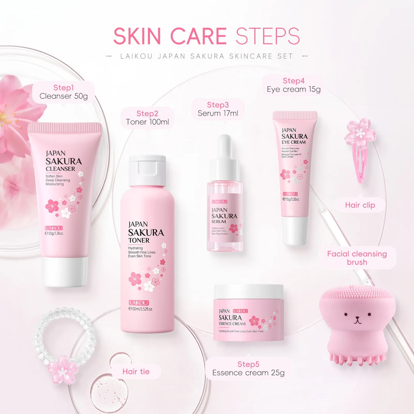 Conjunto de 8 peças de cuidados com a pele Sakura: Limpador facial, tônico, essência, creme para os olhos, creme essência, presilha de cabelo, elástico de cabelo, polvo rosa.