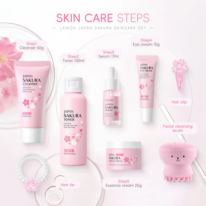 Conjunto de 8 peças de cuidados com a pele Sakura: Limpador facial, tônico, essência, creme para os olhos, creme essência, presilha de cabelo, elástico de cabelo, polvo rosa.