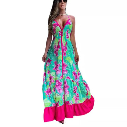 Vestido de verão elegante com estampa fashion, modelagem slim, decote V profundo e alças halter, ideal para festas e praia.