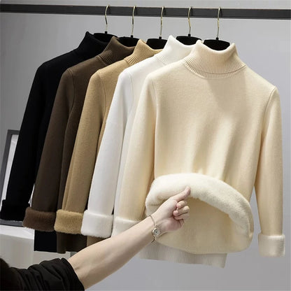 Suéter Feminino de Inverno com Gola Alta, Forrado com Veludo para Maior Aquecimento. Pulôver de malha grosso e ajustado, ideal para um look elegante e confortável no inverno. Perfeito para manter-se aquecida com estilo