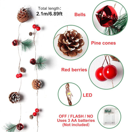 Decoração de Guirlanda de Natal com Luzes 7FT 20LED, Pinhas, Bagas Vermelhas, Sinos, Luzes para Árvore de Natal, Decorações para Festa de Fim de Ano e Ano Novo.