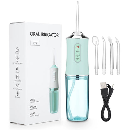 Irrigador Oral Portátil, Floss Dental com Jato de Água Recarregável por USB, 4 Pontas de Jato, 220ml, 3 Modos, IPX7, 1400rpm.