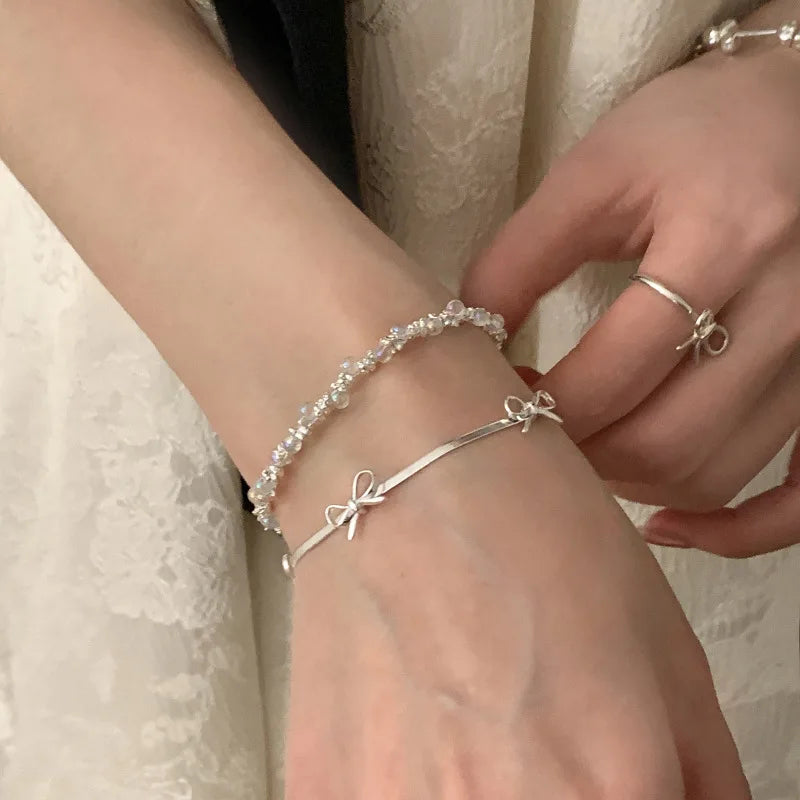 Esterlina Bracelete de Zircônia Coração Amor para Mulheres, Laço Estrelas, Corrente de Osso de Cobra, Joias de Presente