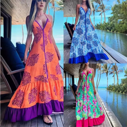 Vestido de verão elegante com estampa fashion, modelagem slim, decote V profundo e alças halter, ideal para festas e praia.