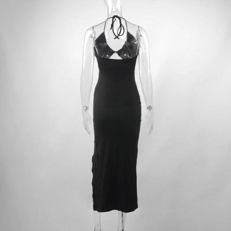 Vestido Preto Sexy de Verão para Mulheres, Sem Mangas, Decotado nas Costas, com Recortes Vazados, Ideal para Festas, com Design Fashion, Amarração Frontal, Estilo Halter, Justo ao Corpo, Elegante