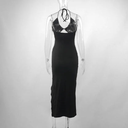 Vestido Preto Sexy de Verão para Mulheres, Sem Mangas, Decotado nas Costas, com Recortes Vazados, Ideal para Festas, com Design Fashion, Amarração Frontal, Estilo Halter, Justo ao Corpo, Elegante
