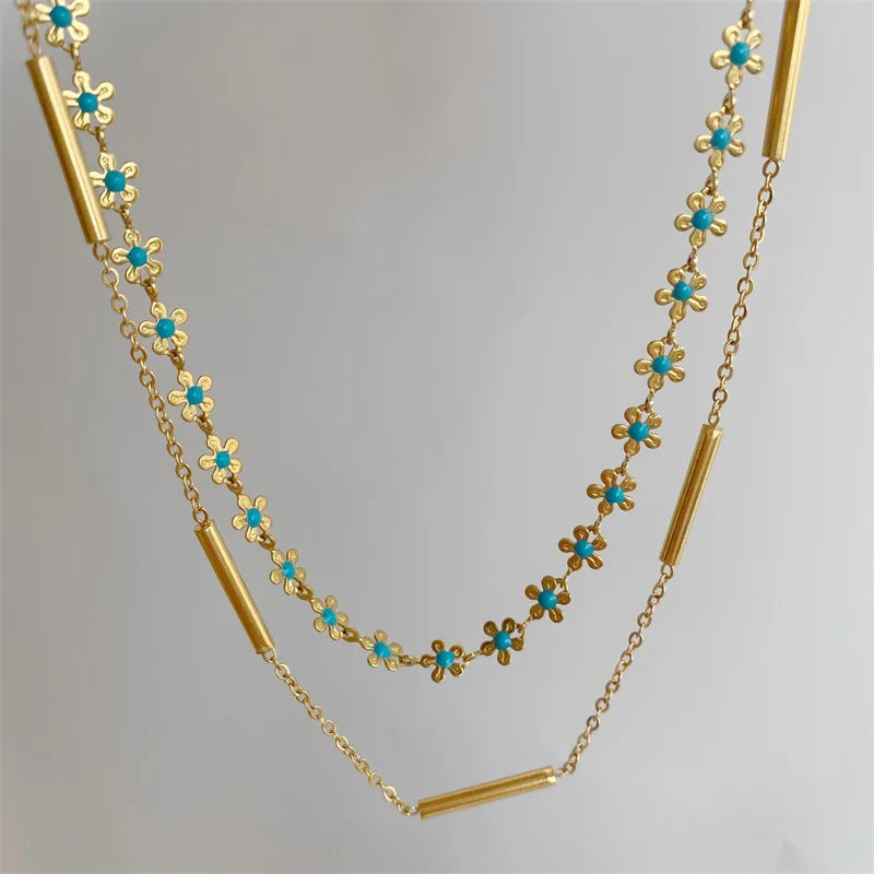 Colar de Aço Titânio Fashion com Design de Bambu, Crisântemo Azul e Pingente com Resina para Mulheres