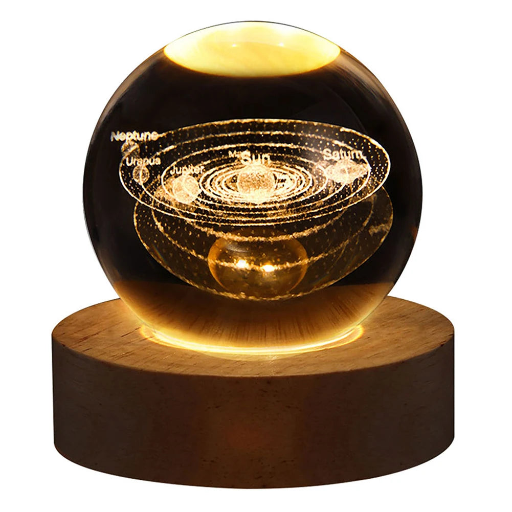 Luminária Esférica de Cristal 3D com Projeções da Galáxia e Planetas, Luz Noturna USB para você