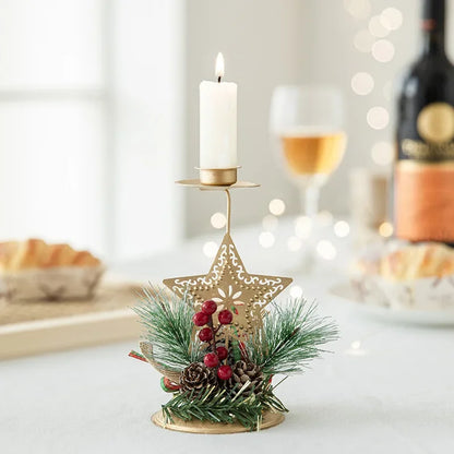 Decoração de Natal - Castiçais de Ferro Forjado Dourado com Pêndulos de Neve e Renas - Enfeites de Natal para o Natal e Ano Novo 2025