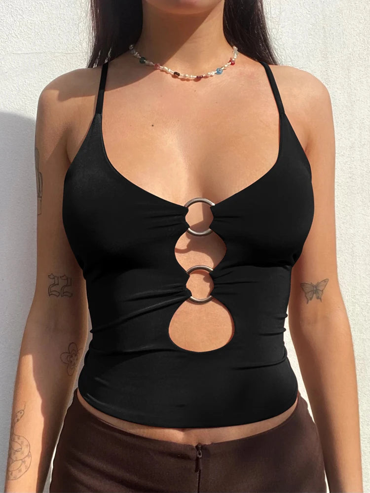 Hugcitar Straps Solid Crop Top T-shirt Summer Sexy Women Fashion Streetwear Y2K Party Club Camis