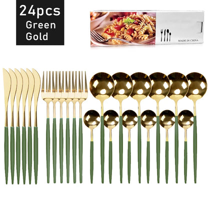 Conjunto de Talheres 24 Peças em Aço Inoxidável Dourado - Faca, Garfo e Colher para Jantar, Sobremesa e Chá - Jogo de Talheres Elegante para Refeições.