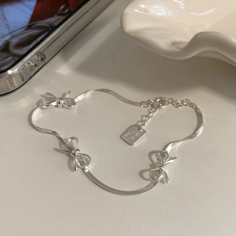 Esterlina Bracelete de Zircônia Coração Amor para Mulheres, Laço Estrelas, Corrente de Osso de Cobra, Joias de Presente