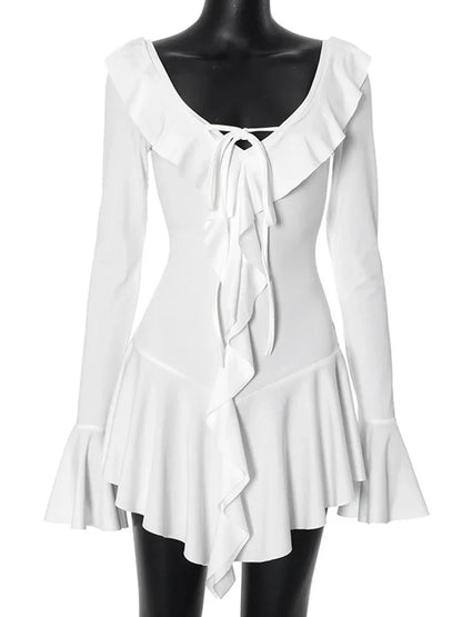 Vestido Branco com Decote em V Profundo e Babados para Mulheres, com Mangas Longas e Amplas. Moda de Outono, Ideal para Festas na Praia. Vestido Curto Feminino, Sexy e Justo.”