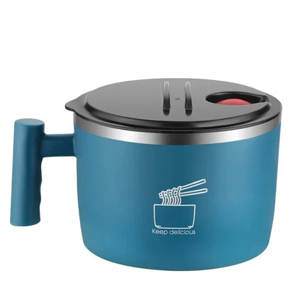 Tigela de macarrão instantâneo em aço inox com tampa, fácil de lavar para dormitório de estudante, tigela grande com saída de drenagem.