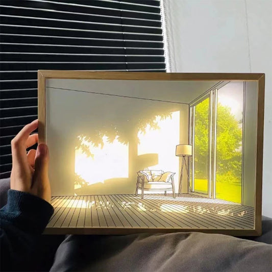 Luz Decorativa de Pintura LED com Conector USB, Luminária de Mesa e Parede com Escurecimento, Presente de Arte Luminosa para Ambientes Internos, Janela de Luz Solar, Foto em Madeira