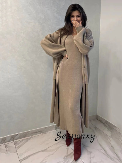 Conjunto de Tricô Feminino de Alta Qualidade, Cor Sólida, Jaqueta Cardigã Longa e Solta de Manga Longa + Vestido Sem Mangas, Conjunto Casual de Duas Peças.