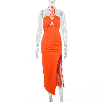 Vestido Preto Sexy de Verão para Mulheres, Sem Mangas, Decotado nas Costas, com Recortes Vazados, Ideal para Festas, com Design Fashion, Amarração Frontal, Estilo Halter, Justo ao Corpo, Elegante