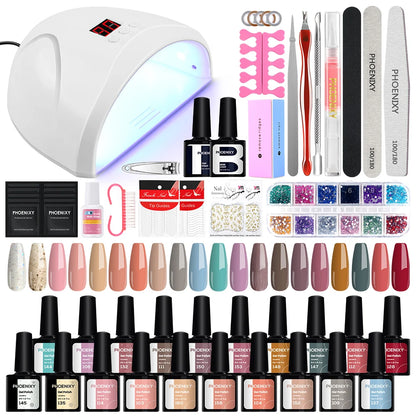 Kit de Unhas Phoenixy Profissional - Conjunto com 20/8 Cores de Gel Polish para Unhas com Lâmpada Secadora de Unhas de 36W e Ferramentas de Design de Unhas - Kit de Unhas Semi-permanente