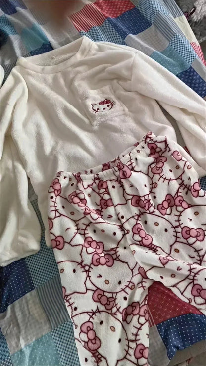 Pijamas Quentes de Cartoon Sanrio Hello Kitty Japonês para Mulheres, Flanela de Inverno, Nova Linha Plus, Aveludada e Espessa, Doce e Aconchegante para Manter o Calor