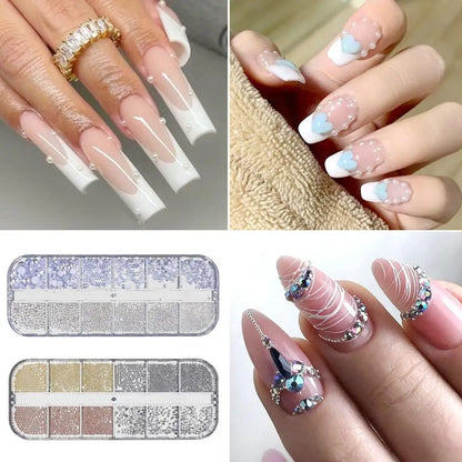 Acessórios para Unhas - Conjunto de Pérolas Falsas e Contas para Nail Art - Kit de Decoração DIY Estilo Ins para Design Deslumbrante - Caixa com 12 Compartimentos para Mulheres