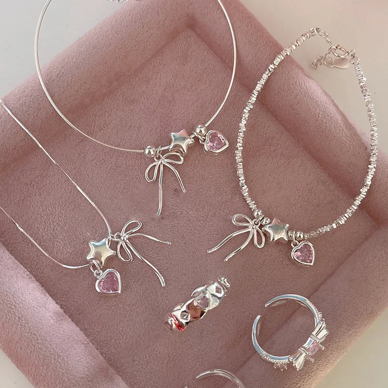 Esterlina Bracelete de Zircônia Coração Amor para Mulheres, Laço Estrelas, Corrente de Osso de Cobra, Joias de Presente